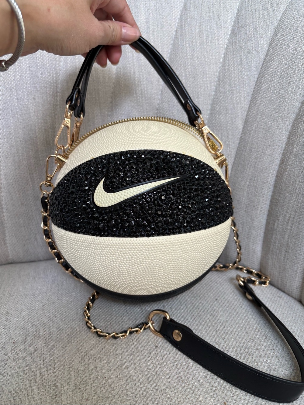 NIKE 7” Black Ivory Rhinestone Basketball Crossbody Bag (Black Handles).